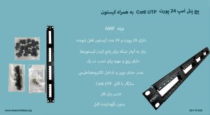 تصویر پچ پنل امپ 24 پورت Cat6 UTP به همراه کیستون را در رنگ مشکی مشاهده می کنید