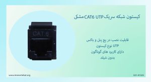 تصویر کیستون شبکه سریک CAT6 UTP مشکی که قابل نصب در پچ پنل است را مشاهده می کنید