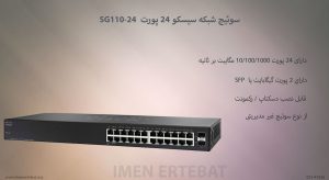  در این تصویر سوئیچ شبکه سیسکو 24 پورت SG110-24  را مشاهده می کنید.