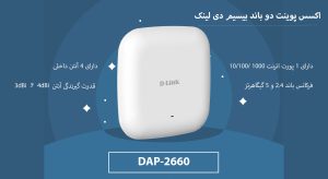  در این تصویر اکسس پوینت دو باند بیسیم دی لینک مدل DAP-2660 را مشاهده می کنید.