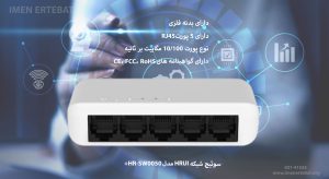 در این تصویر پورت های سوئیچ شبکه HRUI مدل +HR-SW0050 را مشاهده می کنید.