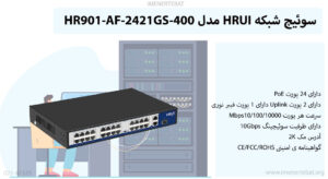 در این تصویر پورت ها و قابلیت های سوئیچ شبکه HRUI مدل HR901-AF-2421GS-400 را مشاهده می کنید.