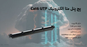 در این تصویر پچ پنل متا الکترونیک Cat6 UTP را در رنگ مشکی مشاهده می کنید.