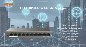 در این تصویر  قابلیت های سوئیچ شبکه تندا مدل TEF1110P-8-63W را در رنگ مشکی مشاهده می کنید.