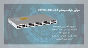 در این تصویر محصول سوئیچ شبکه سیسکو C9200L-48P-4X-E را مشاهده می کنید که دارای 48 پورت اترنت 10/100/1000 است